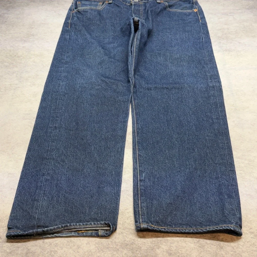 Levi's 501 Original Fit Jeans Mens 38x30 Dark Wash Blue Straight Leg Distressed - Picture 11 of 12